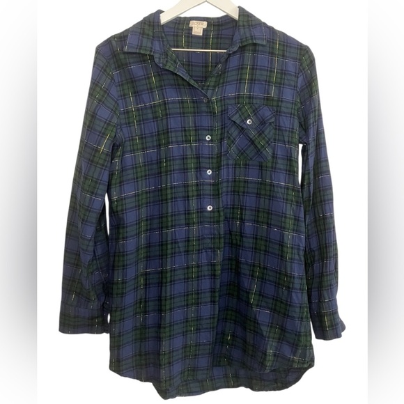 J. Crew Tops - J.Crew Plaid Tunic Top S Holiday Flannel Button Up Blue Green Cozy Pocket